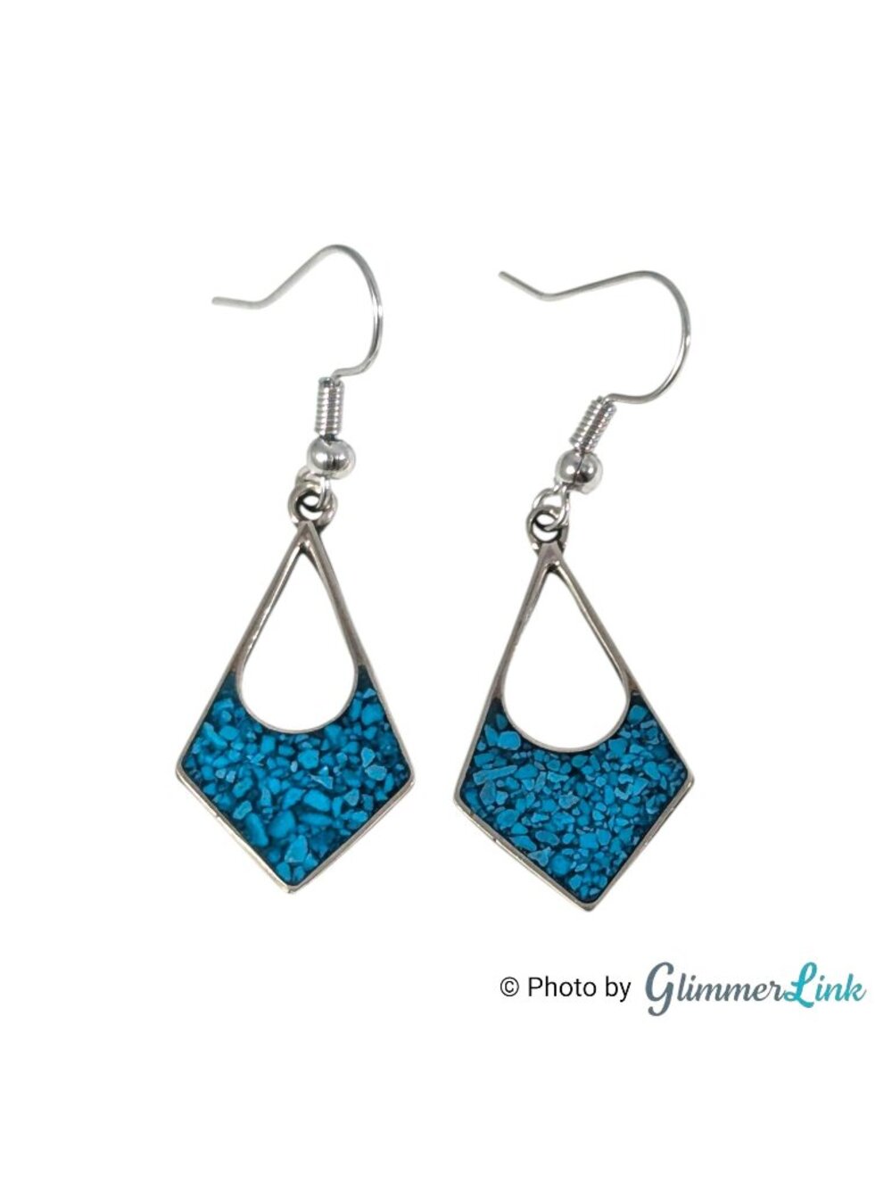 Vintage Mexican Alpaca Diamond Shape Blue Chip Inlay Silver Tone Pierced Earring